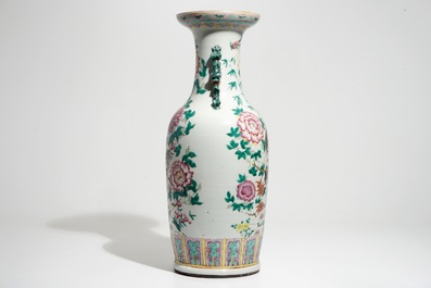 A tall Chinese famille rose vase with hens and roosters, 19th C.