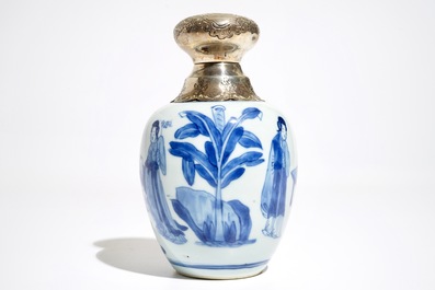 A Chinese blue and white silver-mounted tea caddy, Kangxi