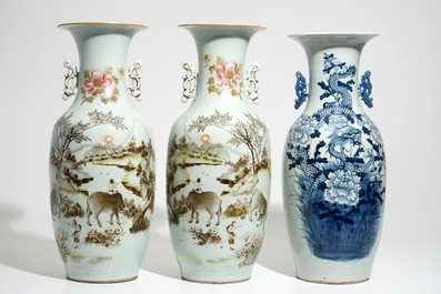A pair of Chinese famille rose vases and four celadon-ground vases, 19/20th C.