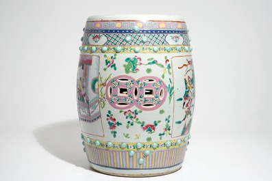 A Chinese famille rose garden seat with warriors, 19th C.