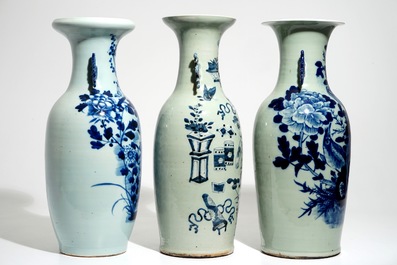 A pair of Chinese famille rose vases and four celadon-ground vases, 19/20th C.