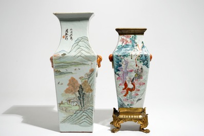 A square Chinese qianjiang cai vase marked Zhou Xiao Song and a bronze-mounted famille rose vase, 19/20th C.