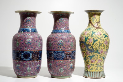 A pair of Chinese famille rose vases and a yellow-ground dragon vase, 19/20th C.