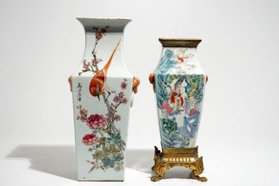 A square Chinese qianjiang cai vase marked Zhou Xiao Song and a bronze-mounted famille rose vase, 19/20th C.