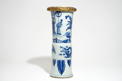 A Chinese blue and white bronze-mounted gu vase, Kangxi