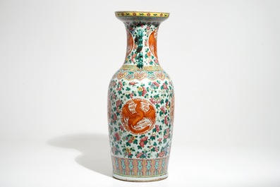 A tall Chinese famille rose vase with dragons and phoenixes, 19th C.