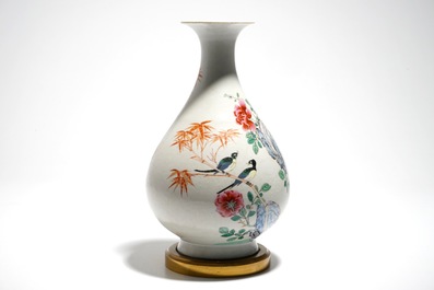 A Chinese famille rose bronze-mounted yuhuchunping vase, Qianlong mark, 19/20th C.