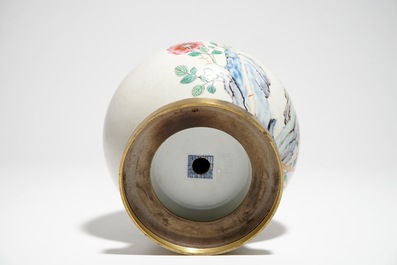 A Chinese famille rose bronze-mounted yuhuchunping vase, Qianlong mark, 19/20th C.