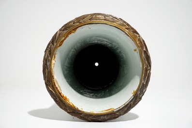 A Chinese blue and white bronze-mounted gu vase, Kangxi