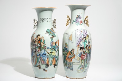 Two tall Chinese famille rose vases with large figures and calligraphy, 19/20th C.