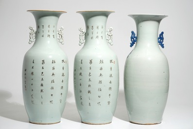 A pair of Chinese famille rose vases and four celadon-ground vases, 19/20th C.