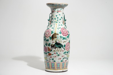 A tall Chinese famille rose vase with hens and roosters, 19th C.