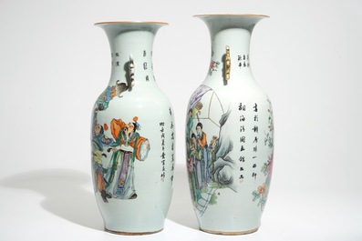 Two tall Chinese famille rose vases with large figures and calligraphy, 19/20th C.