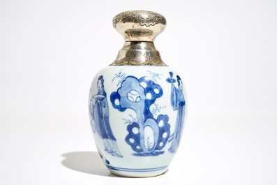 A Chinese blue and white silver-mounted tea caddy, Kangxi