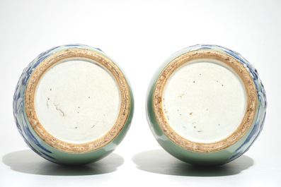 A pair of Chinese celadon-ground vases with blue and white figures, 19th C.