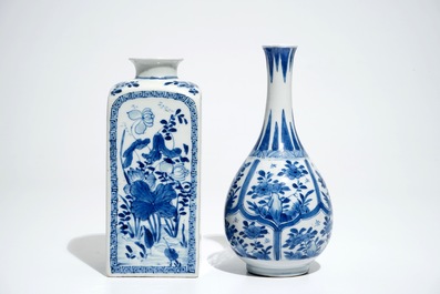 Un vase de forme bouteille et une bo&icirc;te &agrave; th&eacute; en porcelaine de Chine bleu et blanc, Kangxi