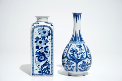 Un vase de forme bouteille et une bo&icirc;te &agrave; th&eacute; en porcelaine de Chine bleu et blanc, Kangxi