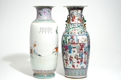 Two tall Chinese famille rose vases with playing boys and court scenes, 19th and 20th C.