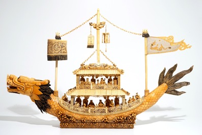 A very large Chinese carved ivory model of a dragon boat, 19th C.