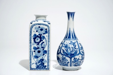 Un vase de forme bouteille et une bo&icirc;te &agrave; th&eacute; en porcelaine de Chine bleu et blanc, Kangxi