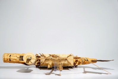 A very large Chinese carved ivory model of a dragon boat, 19th C.