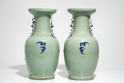 A pair of Chinese celadon-ground vases with blue and white figures, 19th C.