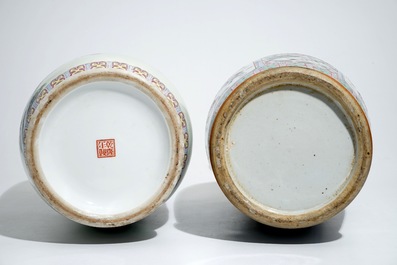 Two tall Chinese famille rose vases with playing boys and court scenes, 19th and 20th C.