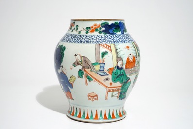 A Chinese olive-shaped wucai vase with figures, 19th C.