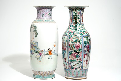 Two tall Chinese famille rose vases with playing boys and court scenes, 19th and 20th C.