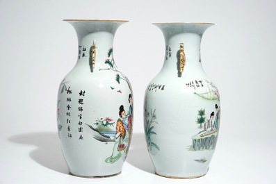 Twee Chinese famille rose vazen met hofsc&egrave;nes en florale decors, 19/20e eeuw
