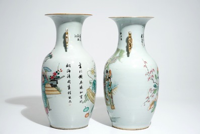 Twee Chinese famille rose vazen met hofsc&egrave;nes en florale decors, 19/20e eeuw