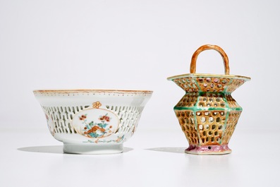 A Chinese reticulated double-walled famille rose tea bowl and a basket, Yongzheng
