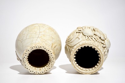 Two Chinese Nanking crackle-glazed hu vases with crabs and mythical beasts, 19th C.