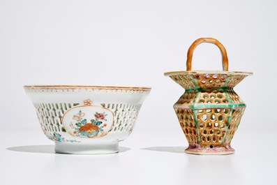 A Chinese reticulated double-walled famille rose tea bowl and a basket, Yongzheng