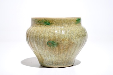 A Chinese Longquan celadon-ground crackle-glazed jar and two dishes, Ming