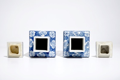 A pair of square Chinese blue and white vases and covers, Kangxi mark, 19th C.