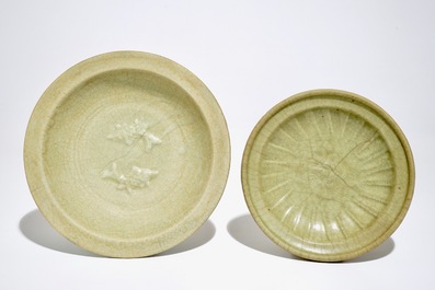 A Chinese Longquan celadon-ground crackle-glazed jar and two dishes, Ming