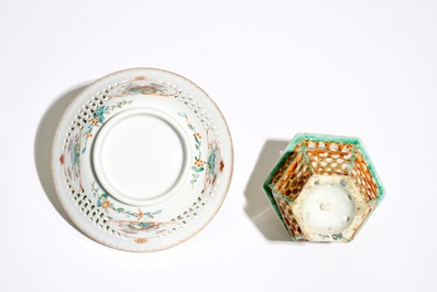 A Chinese reticulated double-walled famille rose tea bowl and a basket, Yongzheng