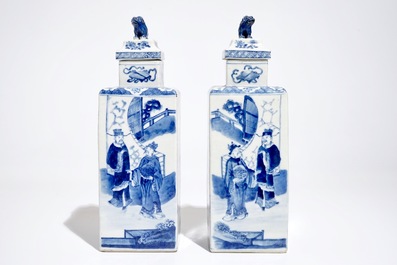 A pair of square Chinese blue and white vases and covers, Kangxi mark, 19th C.