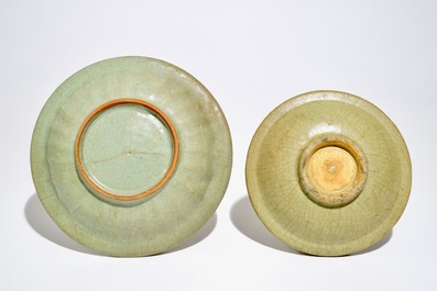A Chinese Longquan celadon-ground crackle-glazed jar and two dishes, Ming