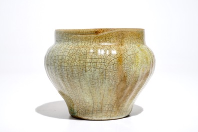 A Chinese Longquan celadon-ground crackle-glazed jar and two dishes, Ming