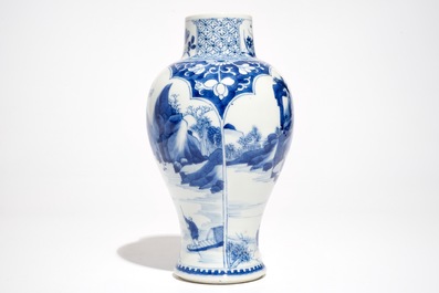 A Chinese blue and white baluster vase with landscape panels, Kangxi