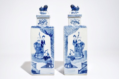 A pair of square Chinese blue and white vases and covers, Kangxi mark, 19th C.