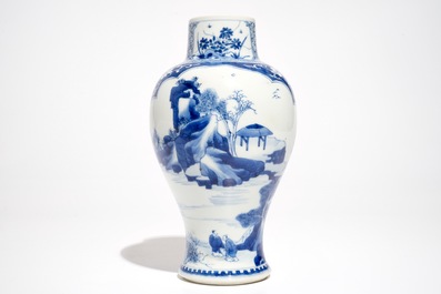 A Chinese blue and white baluster vase with landscape panels, Kangxi