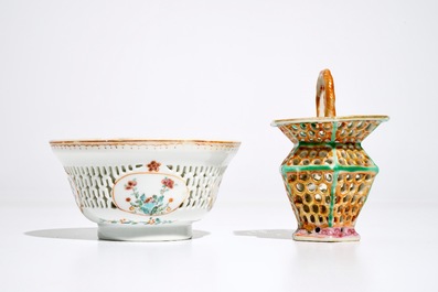 A Chinese reticulated double-walled famille rose tea bowl and a basket, Yongzheng