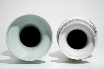 A fine Chinese famille rose vase with figures and a celadon-ground vase, 19/20th C.