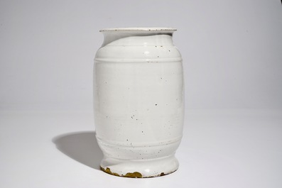 A large polychrome Brussels faience cylindrical albarello, 18th C.