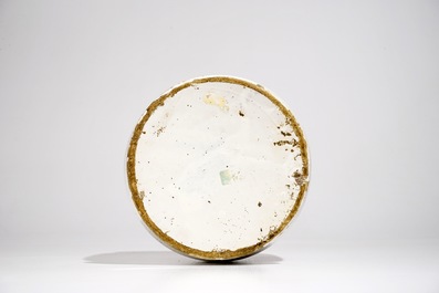 A large polychrome Brussels faience cylindrical albarello, 18th C.