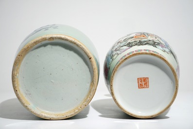 A fine Chinese famille rose vase with figures and a celadon-ground vase, 19/20th C.