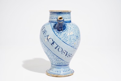 An Antwerp maiolica light blue ground wet drug jar, mid-16th C.